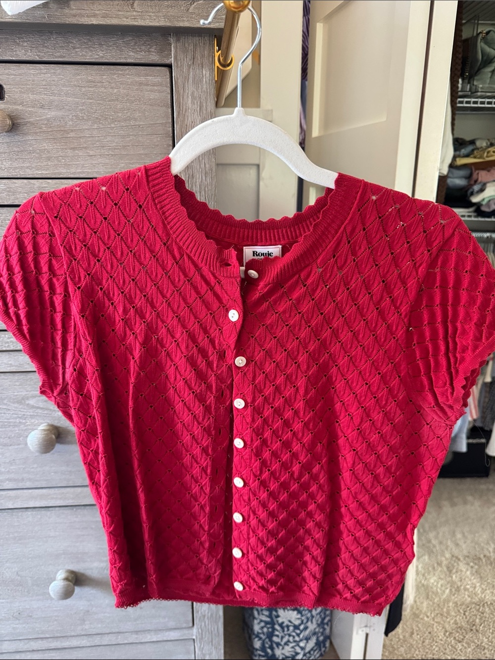 Rouje x JCrew red Diamond Knit Button-Up Short Sleeve Cardigan